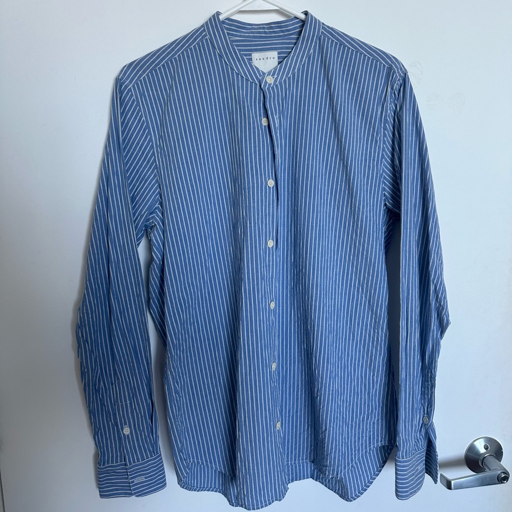 Sandro Men’s Mao Collar Blue and White Stripped Shirt